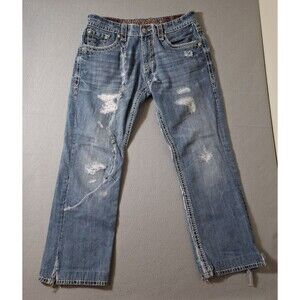 Rock Revival Duke Jeans Men 34 Blue Relaxed Heavy Stitch Distressed Embroidered